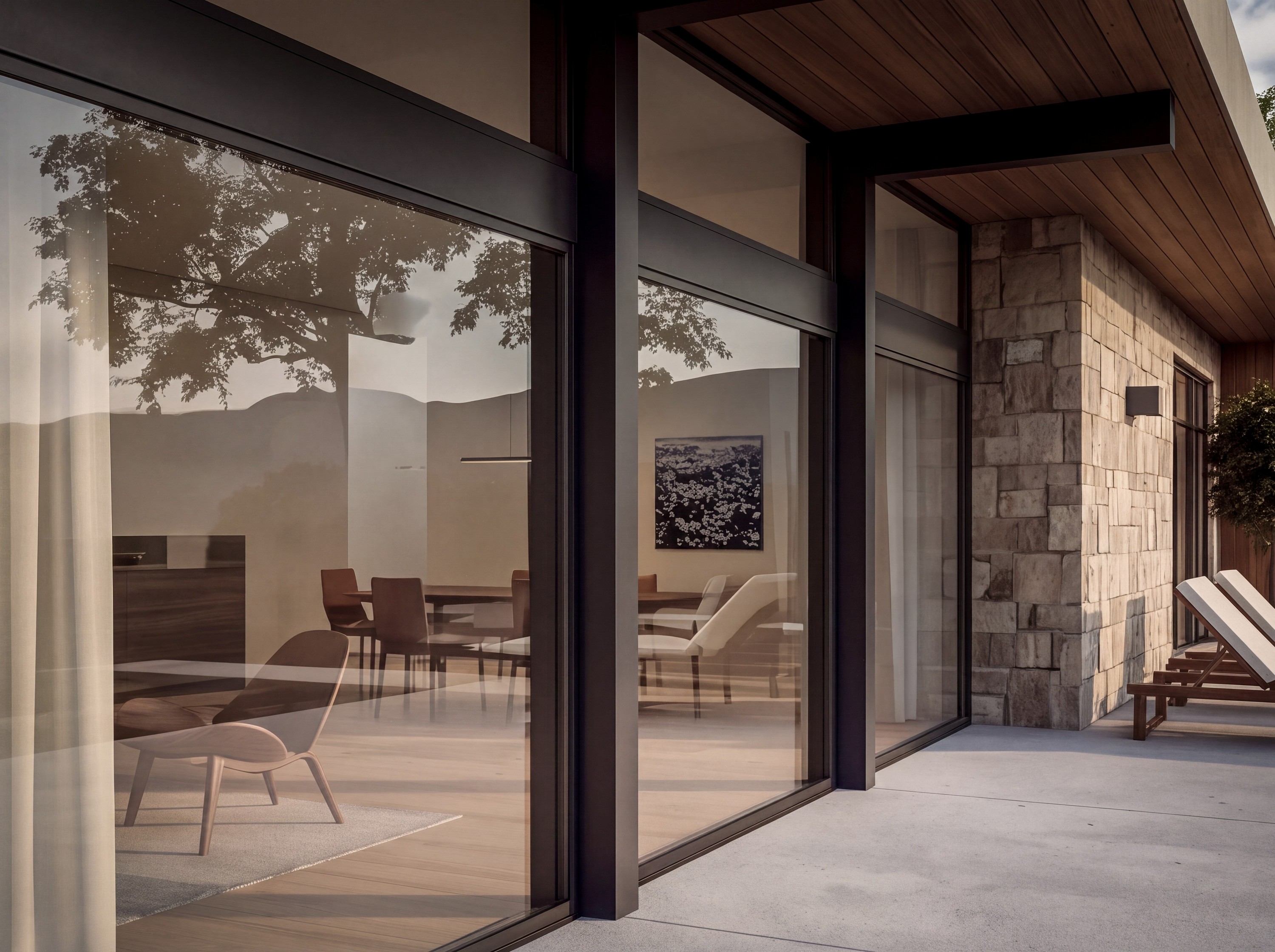 Architectural view through the glazed pavilion facade