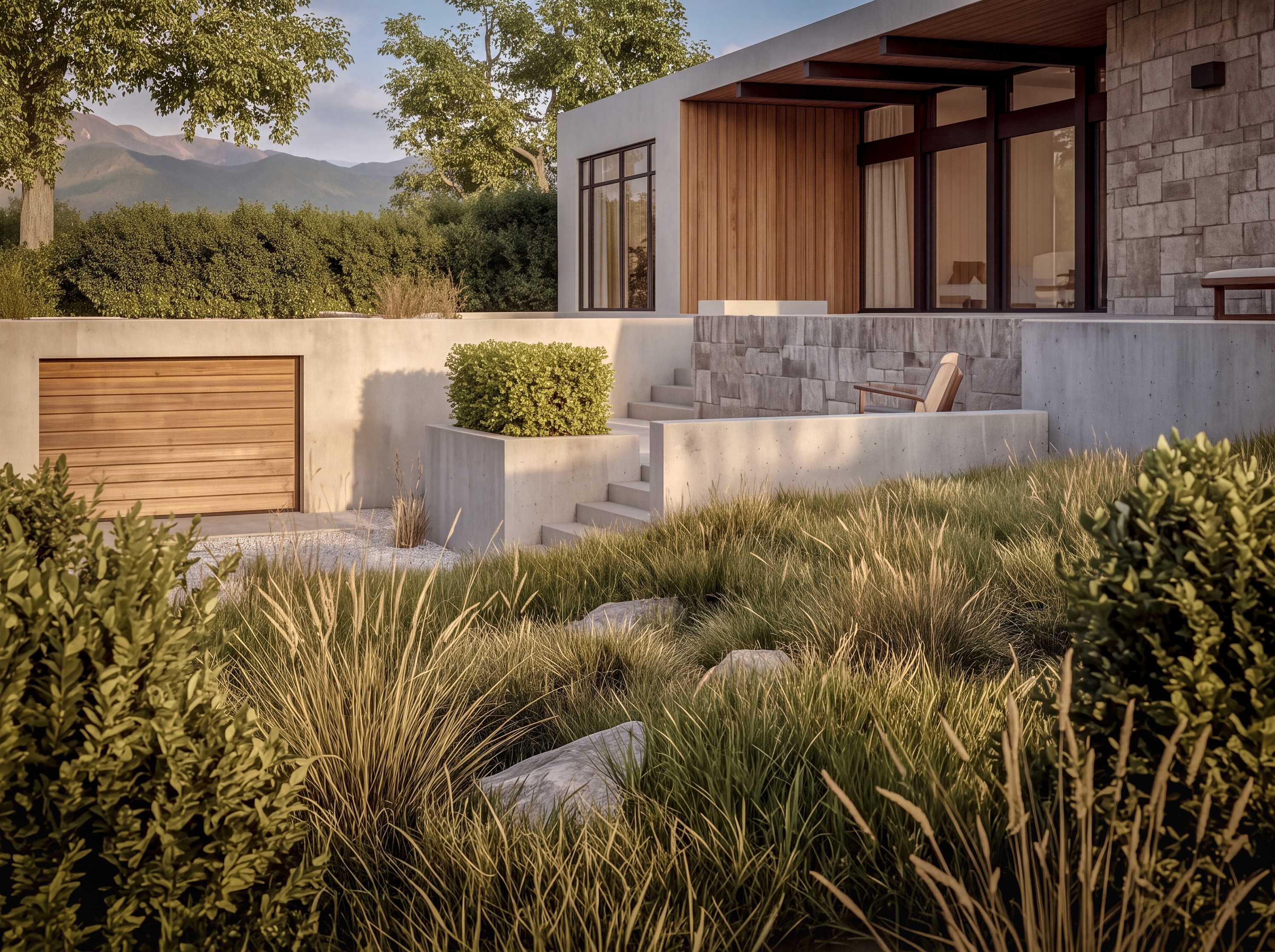 Landscape and stepped approach beside the pavilion
