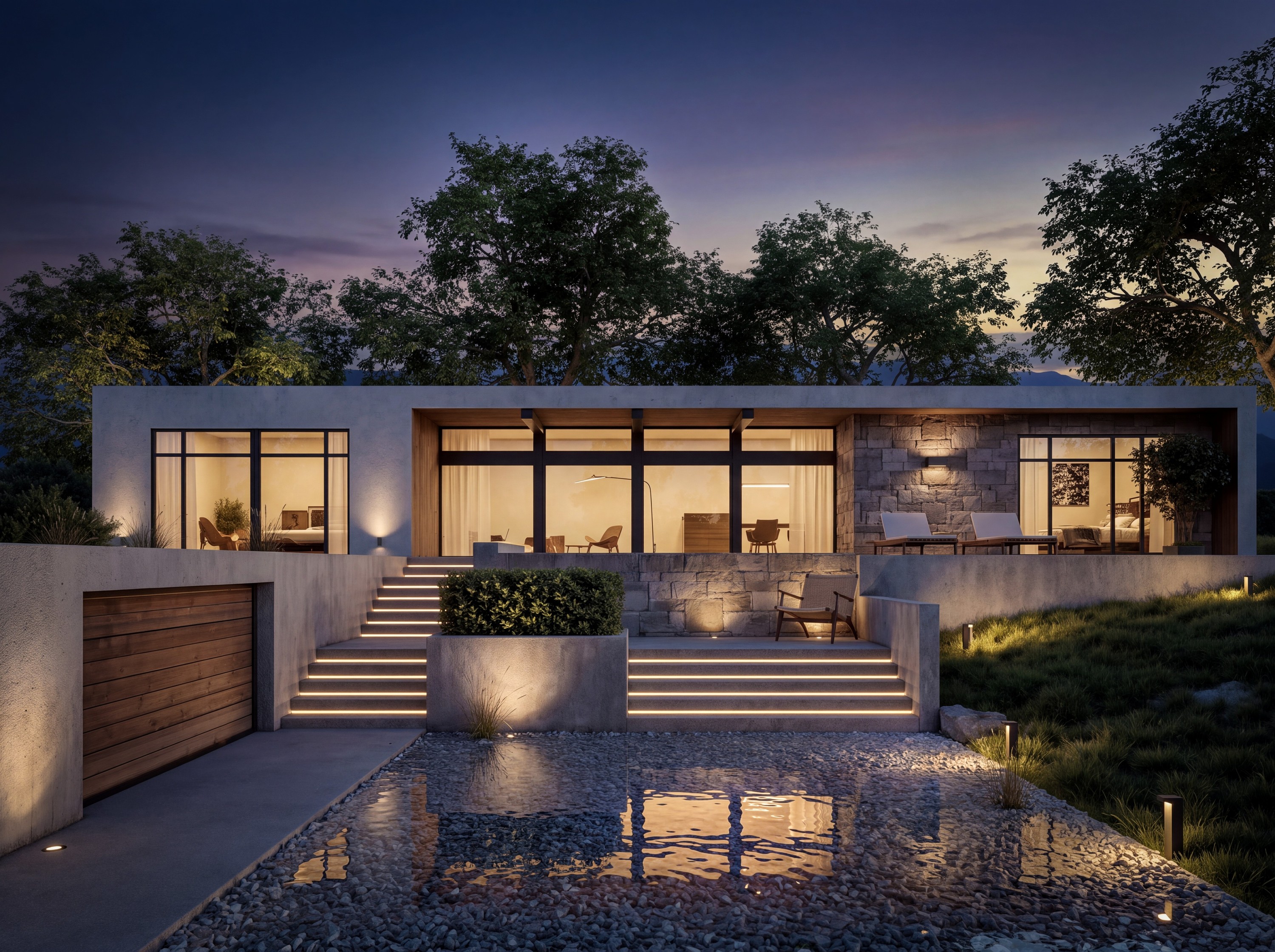 Night view of the illuminated stone pavilion residence