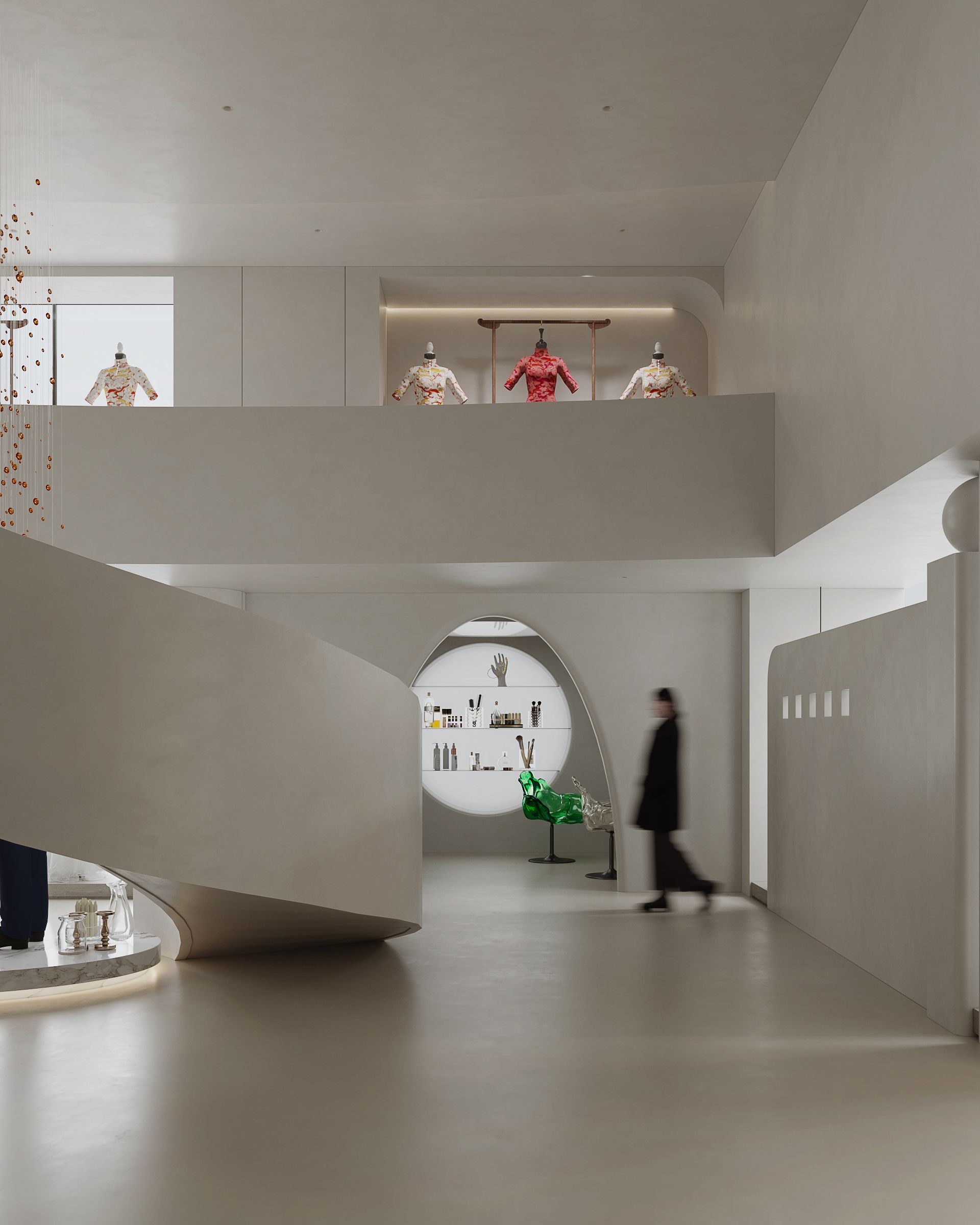 Dress display within curved architecture