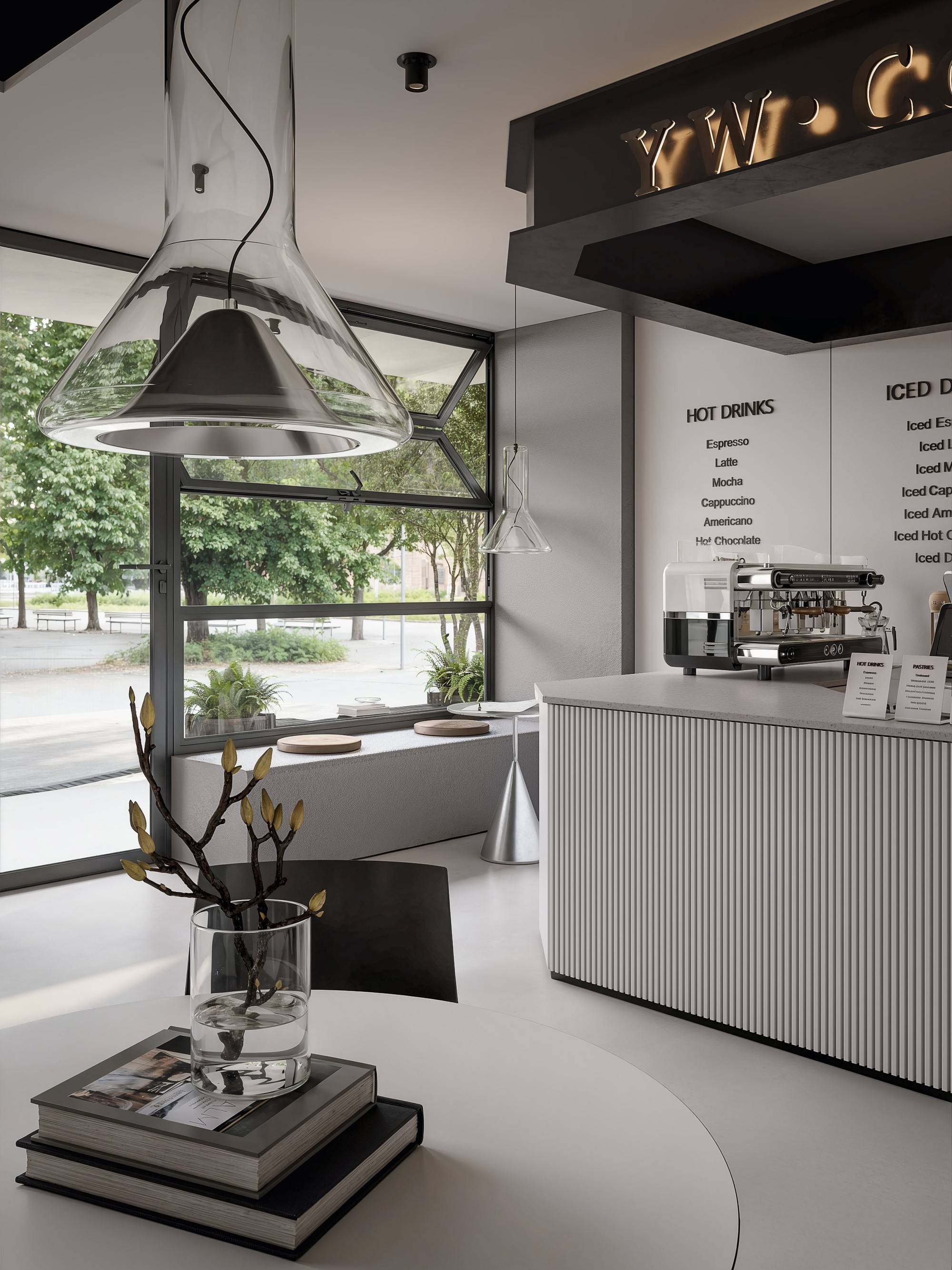 Monochrome café counter and seating