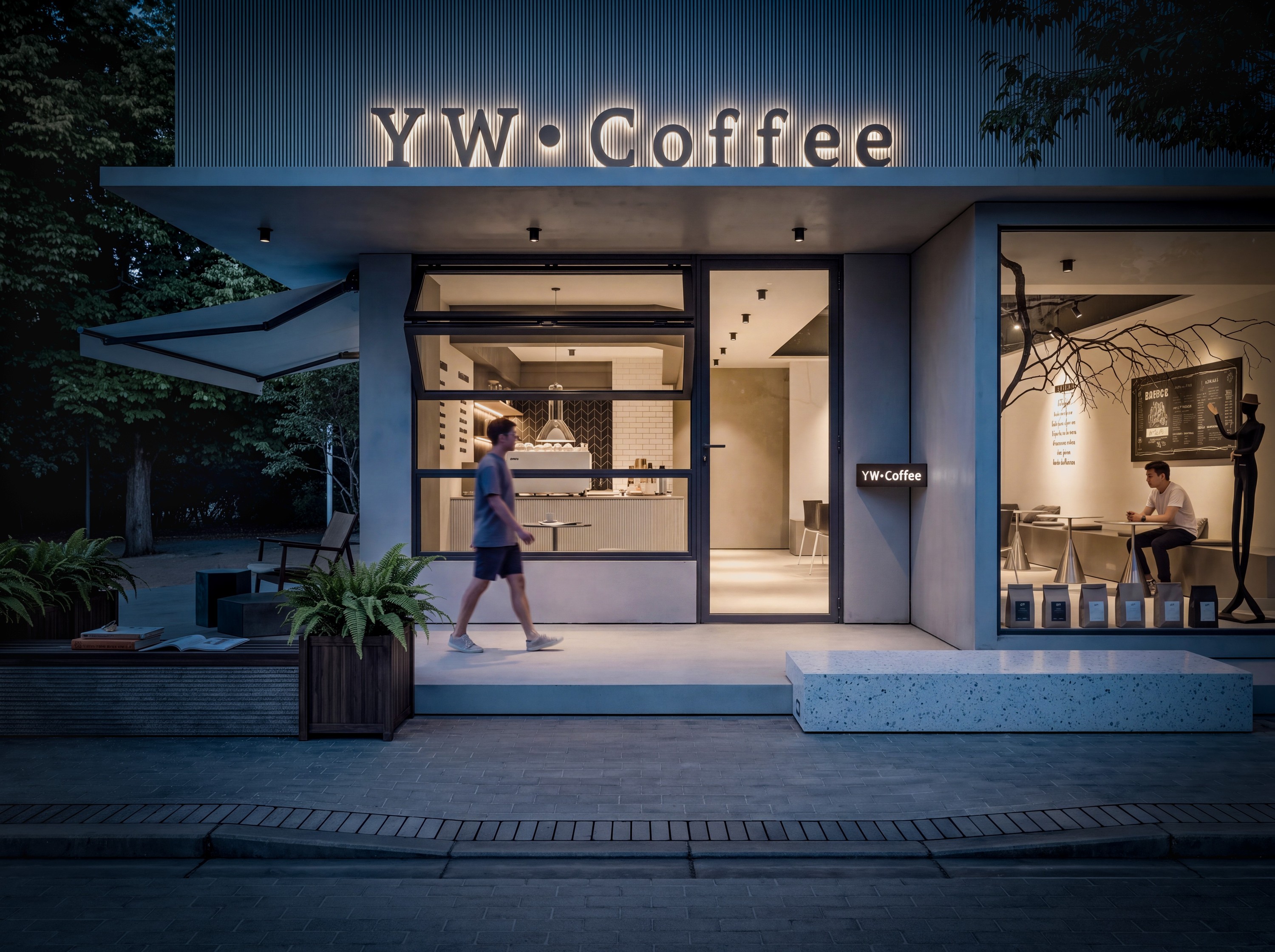 YW Coffee street facade at night