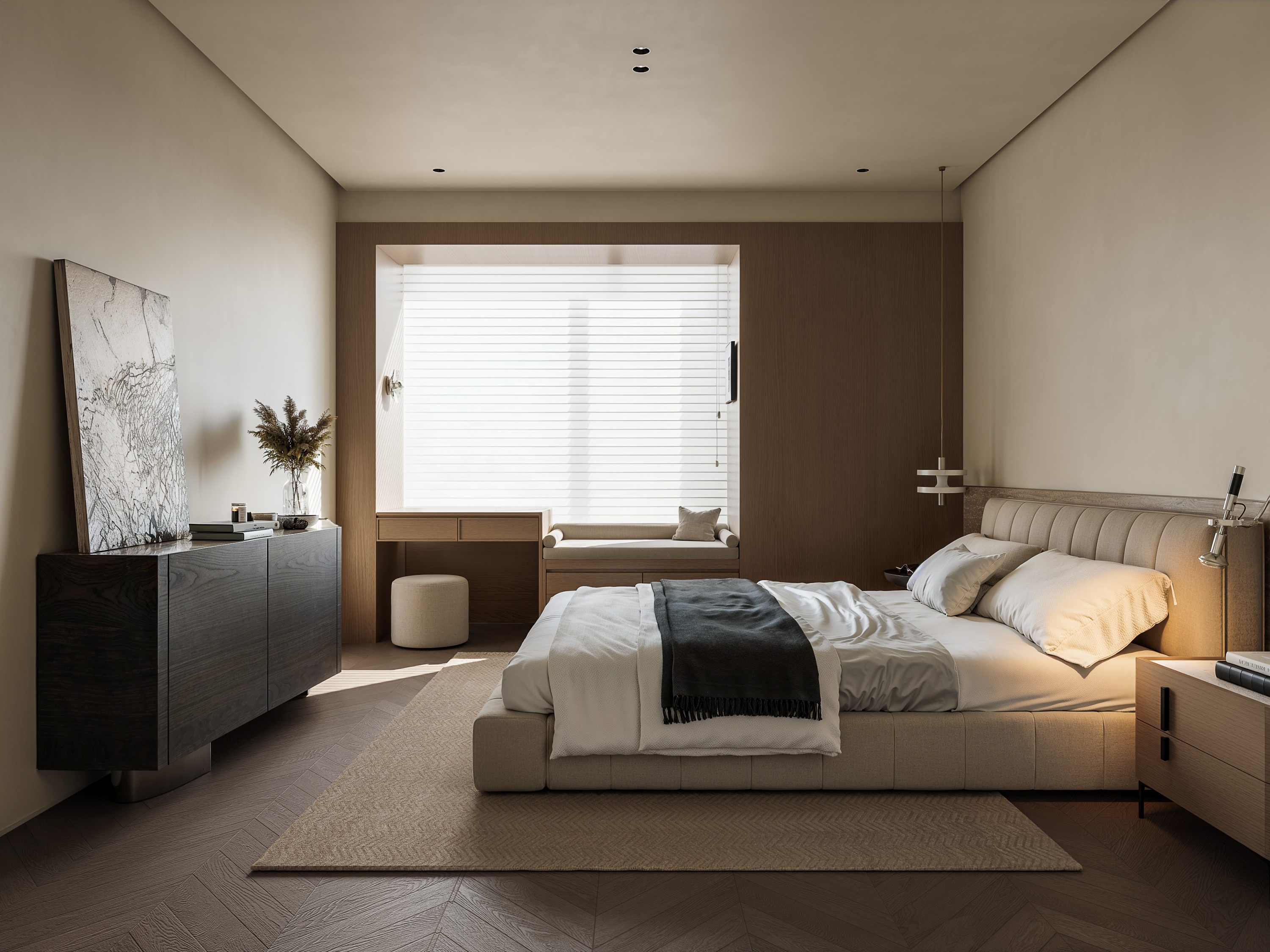 Primary bedroom in a soft neutral palette