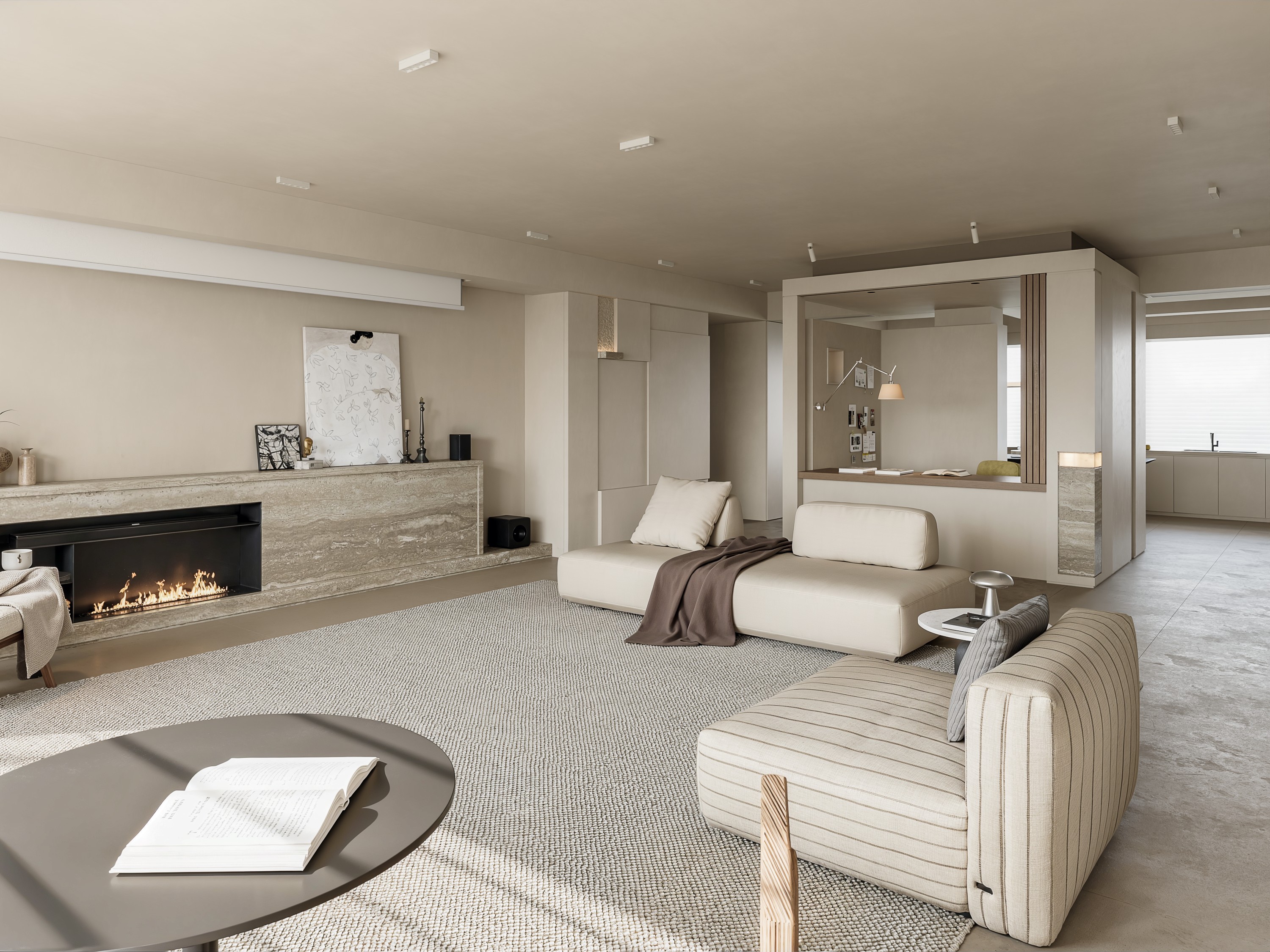 Living room with stone fireplace