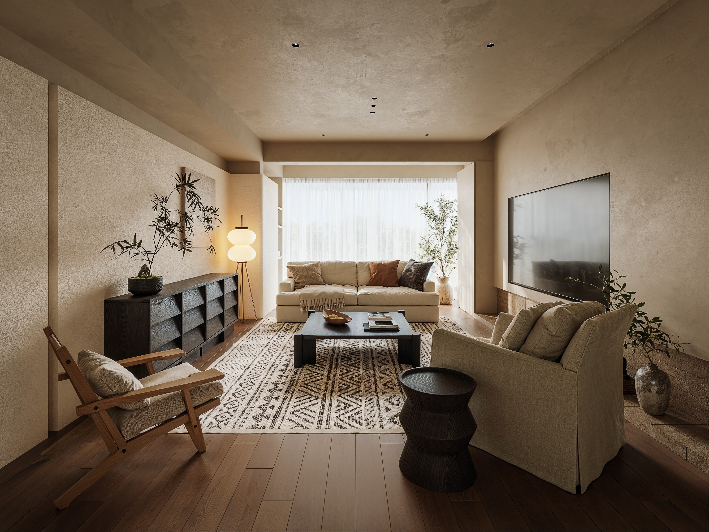 Living room with warm lamp light