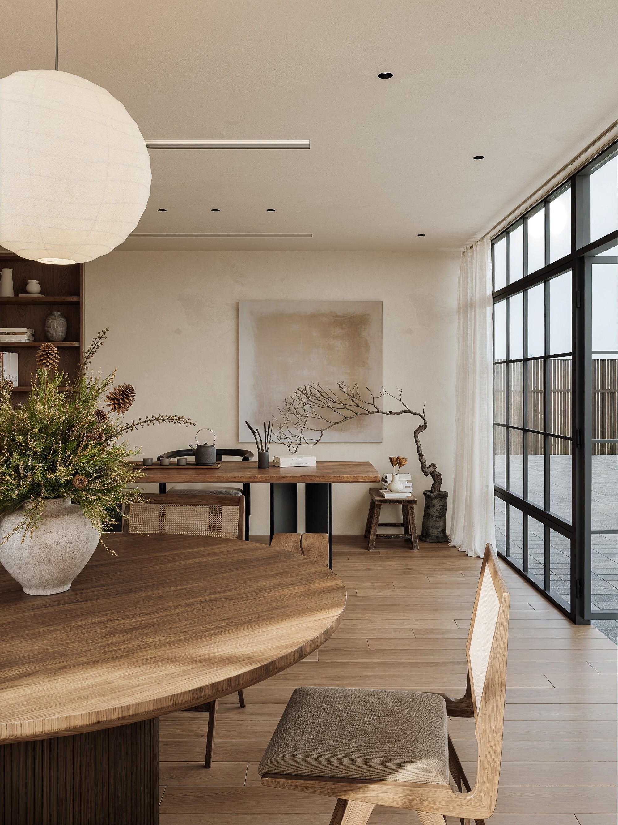 Dining view with paper pendant