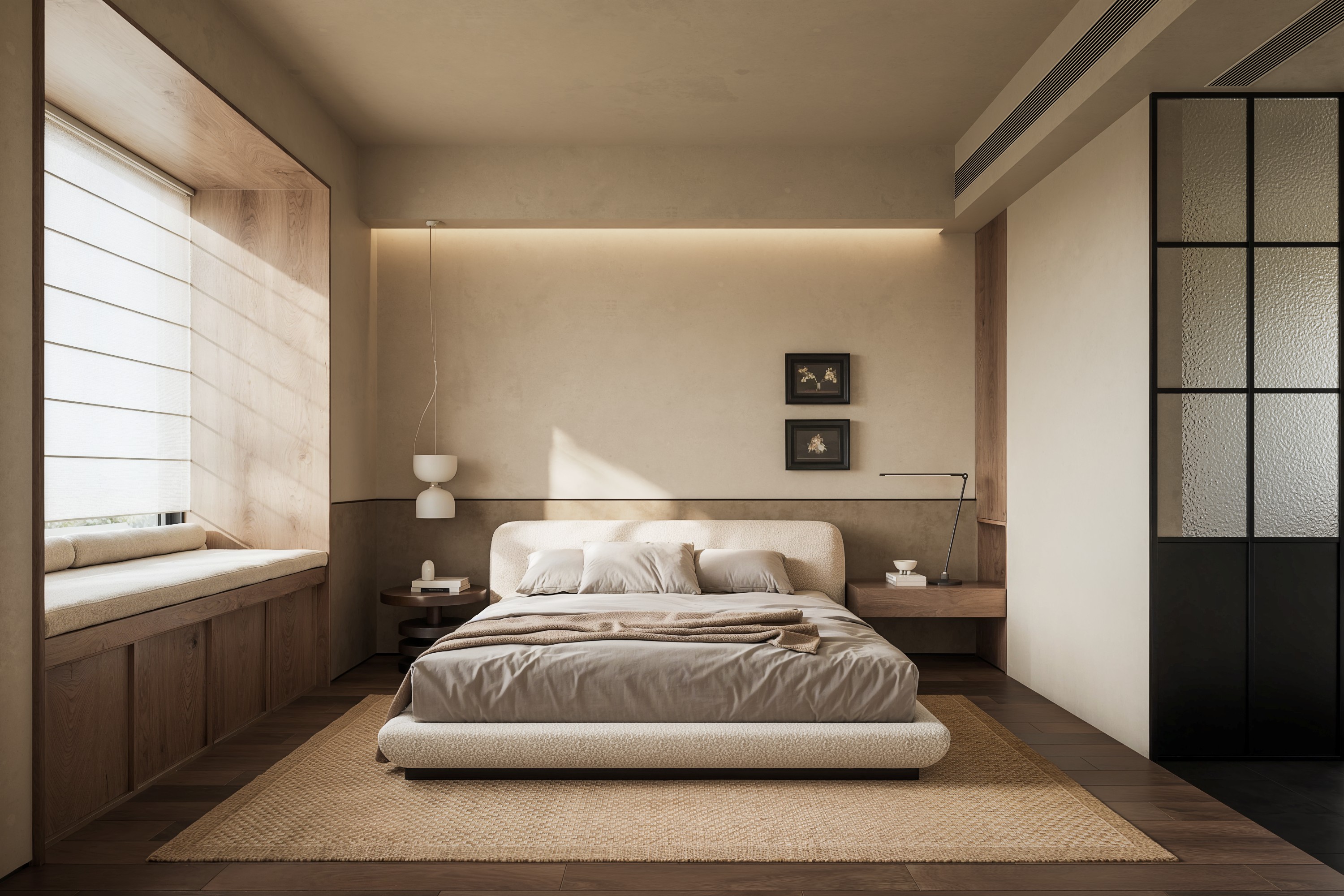 Primary bedroom in warm neutral tones