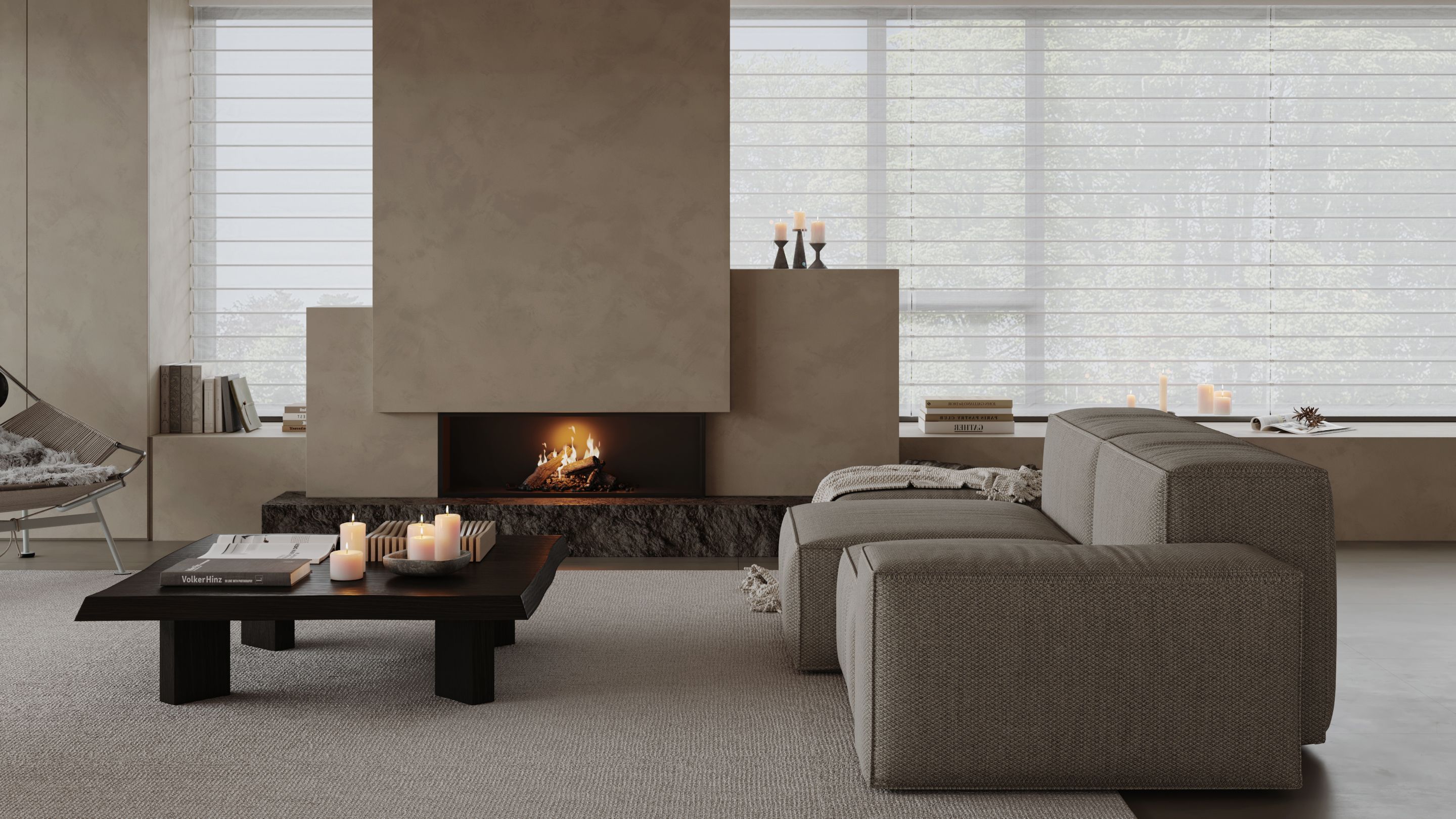 Sculptural living room CGI in soft daylight