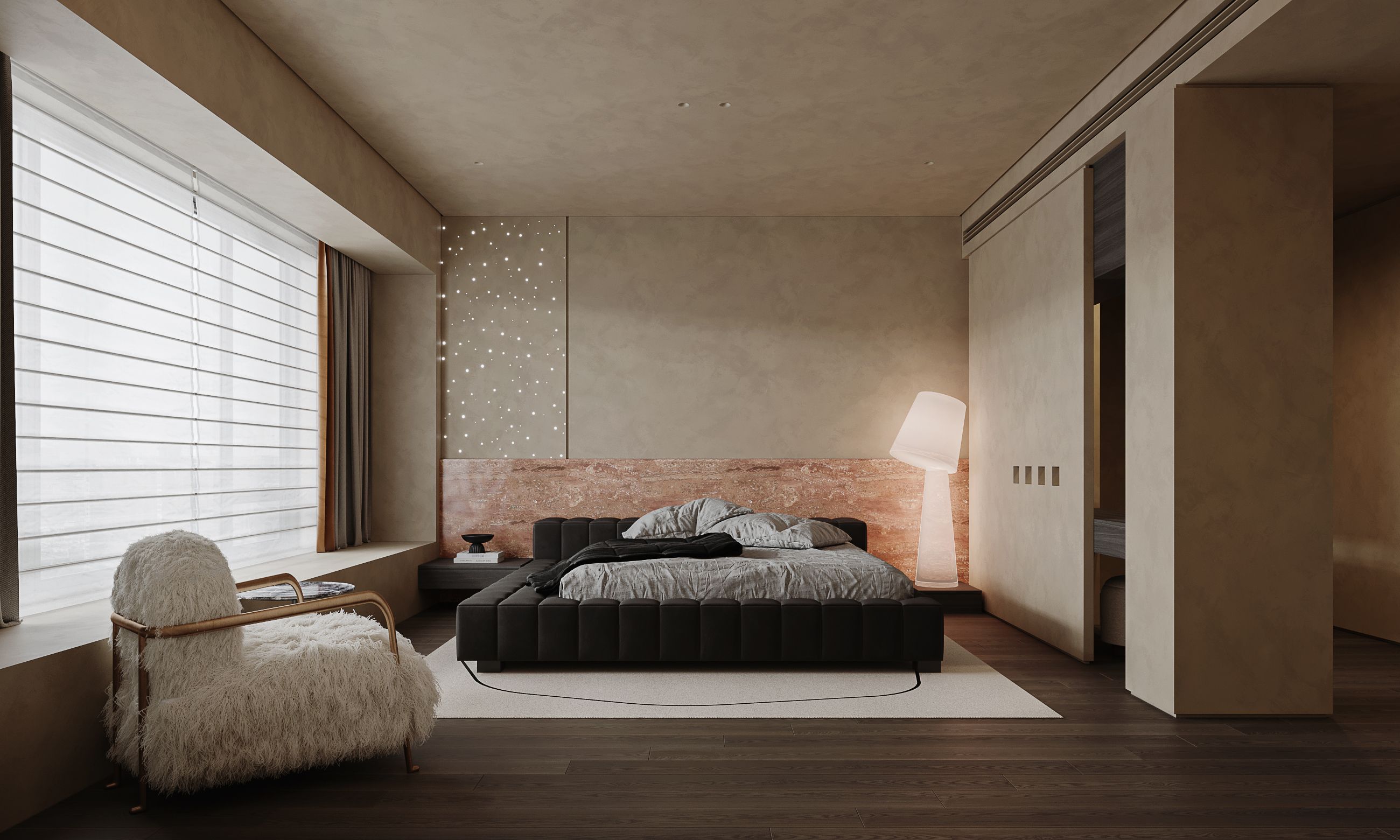 Primary bedroom with restrained natural materials