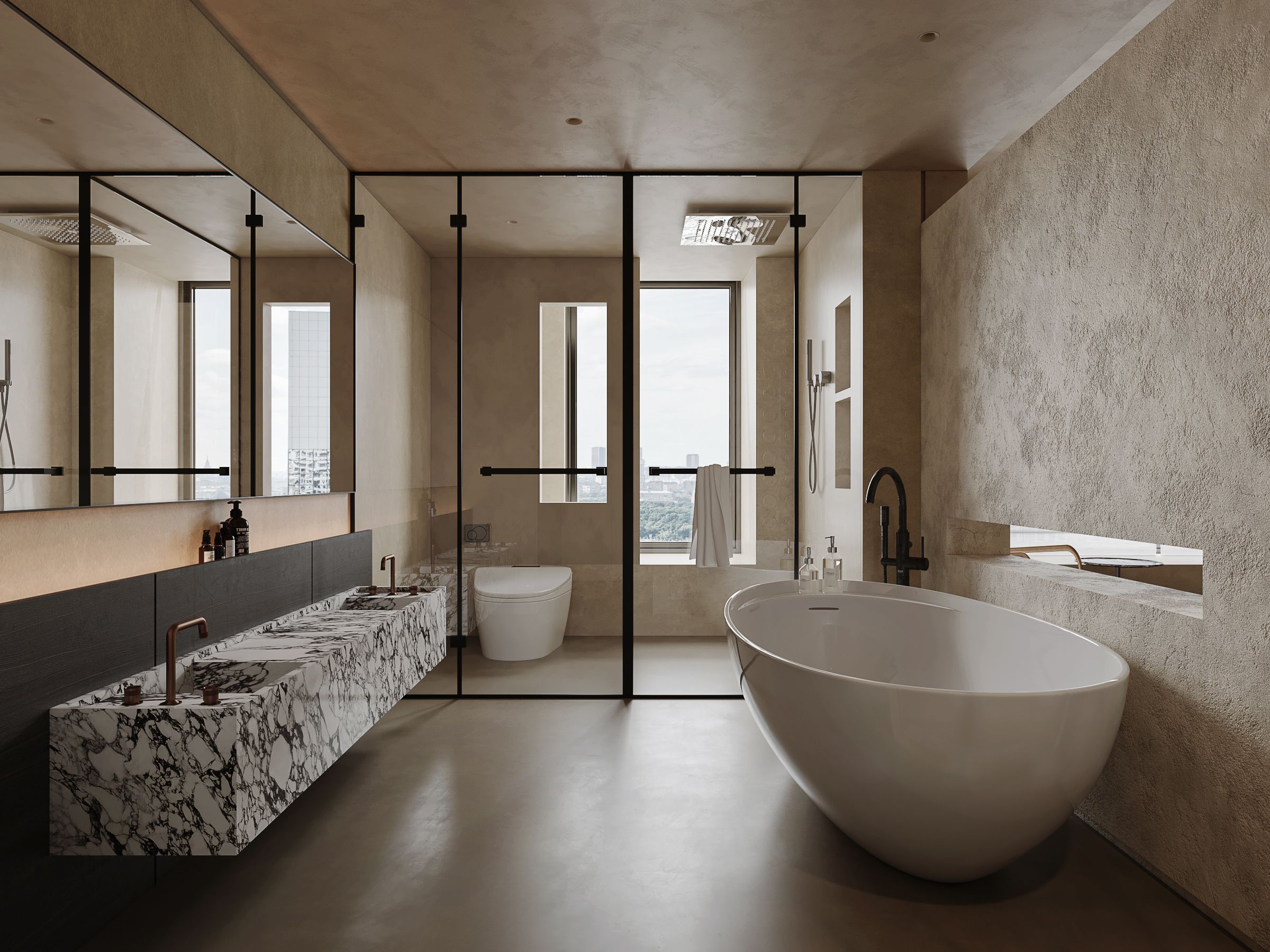 Primary bathroom in stone and soft daylight