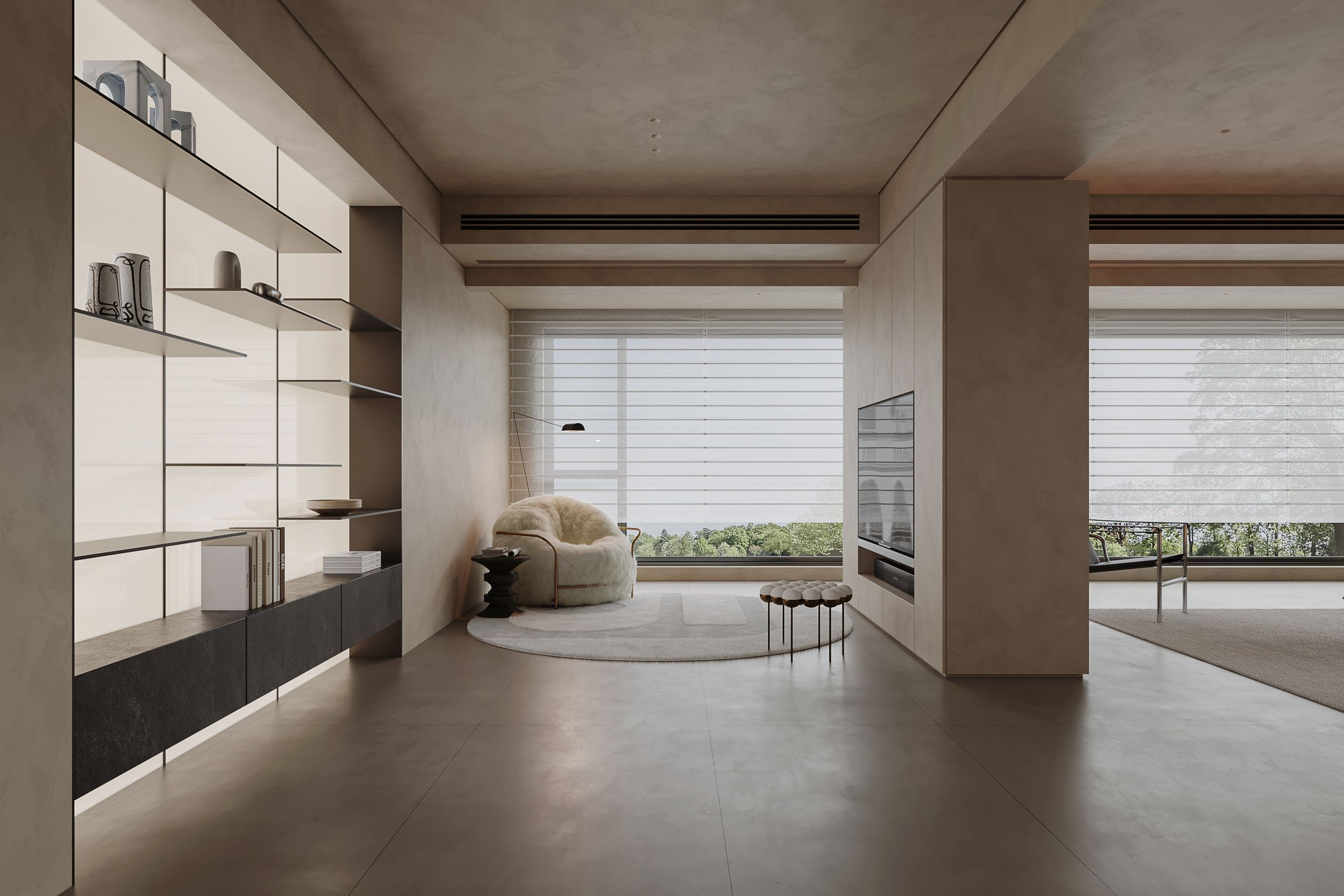 Reading lounge with sculptural furniture