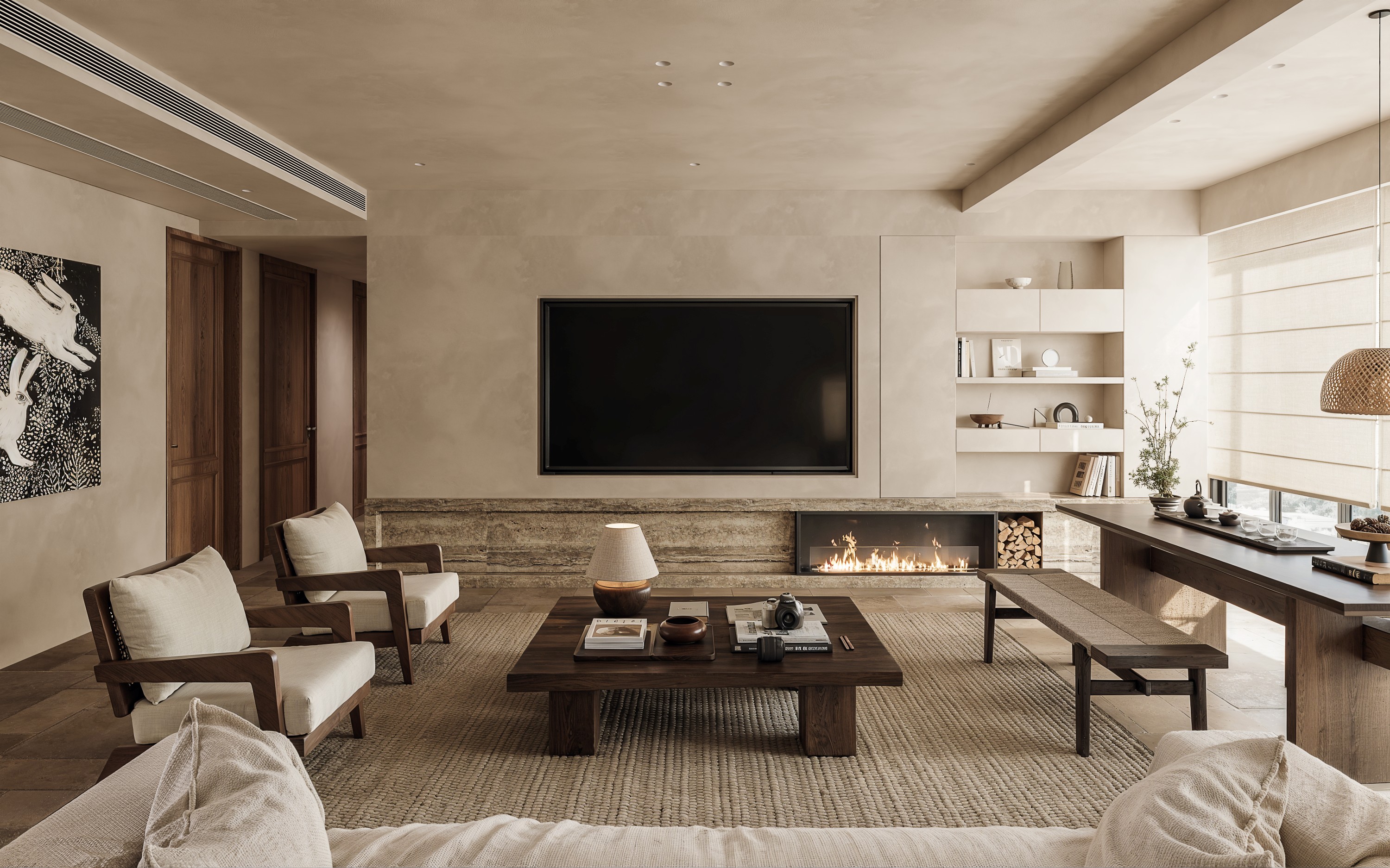Timber and stone living room in warm natural daylight
