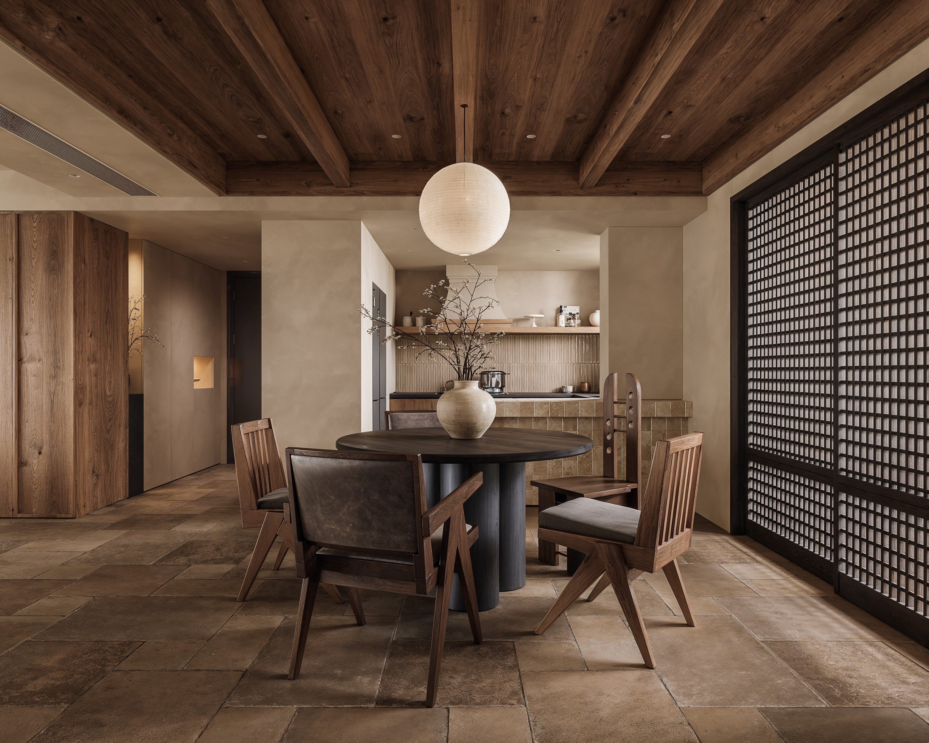 Dining room under a timber ceiling