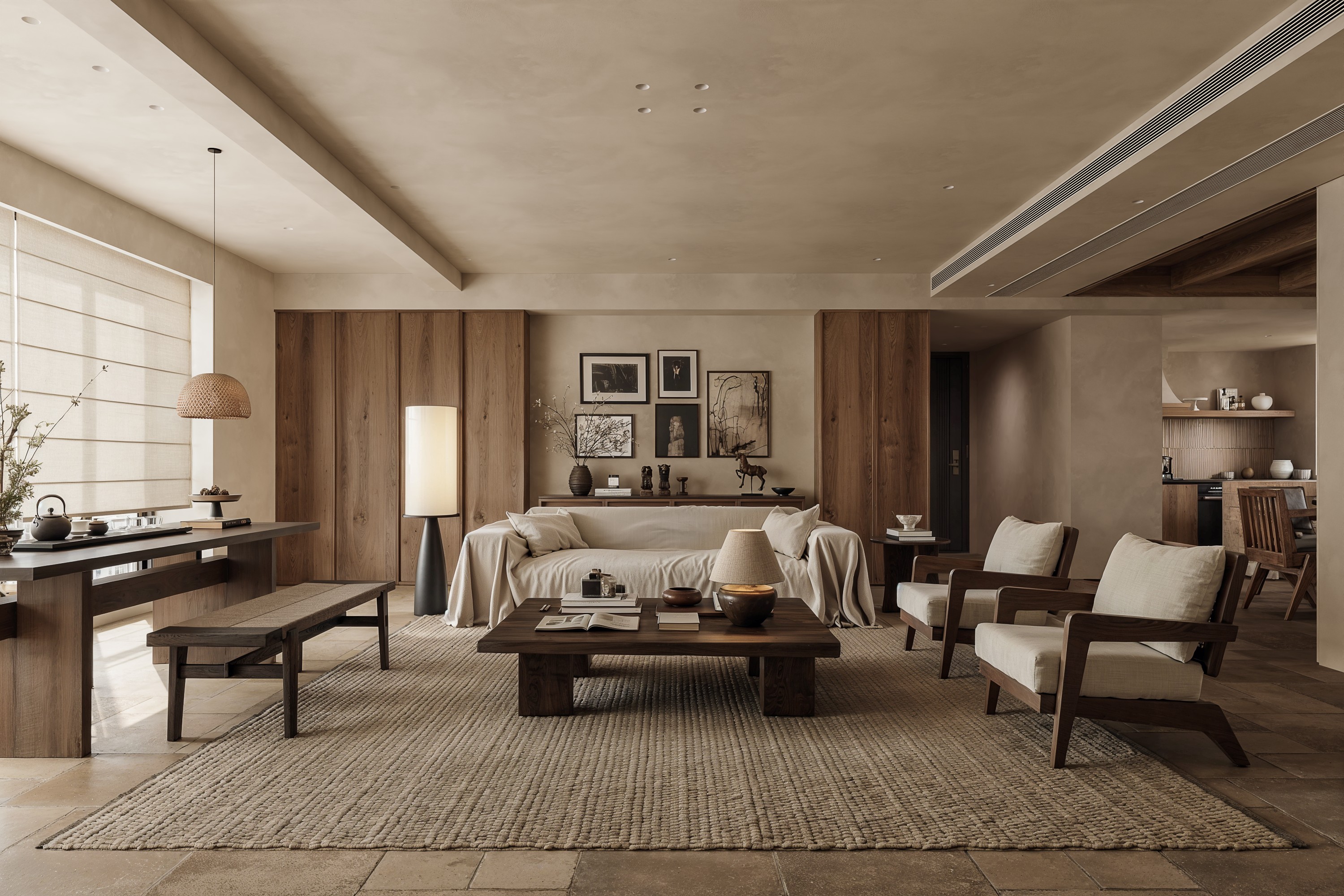 Wide living room view with layered timber and plaster
