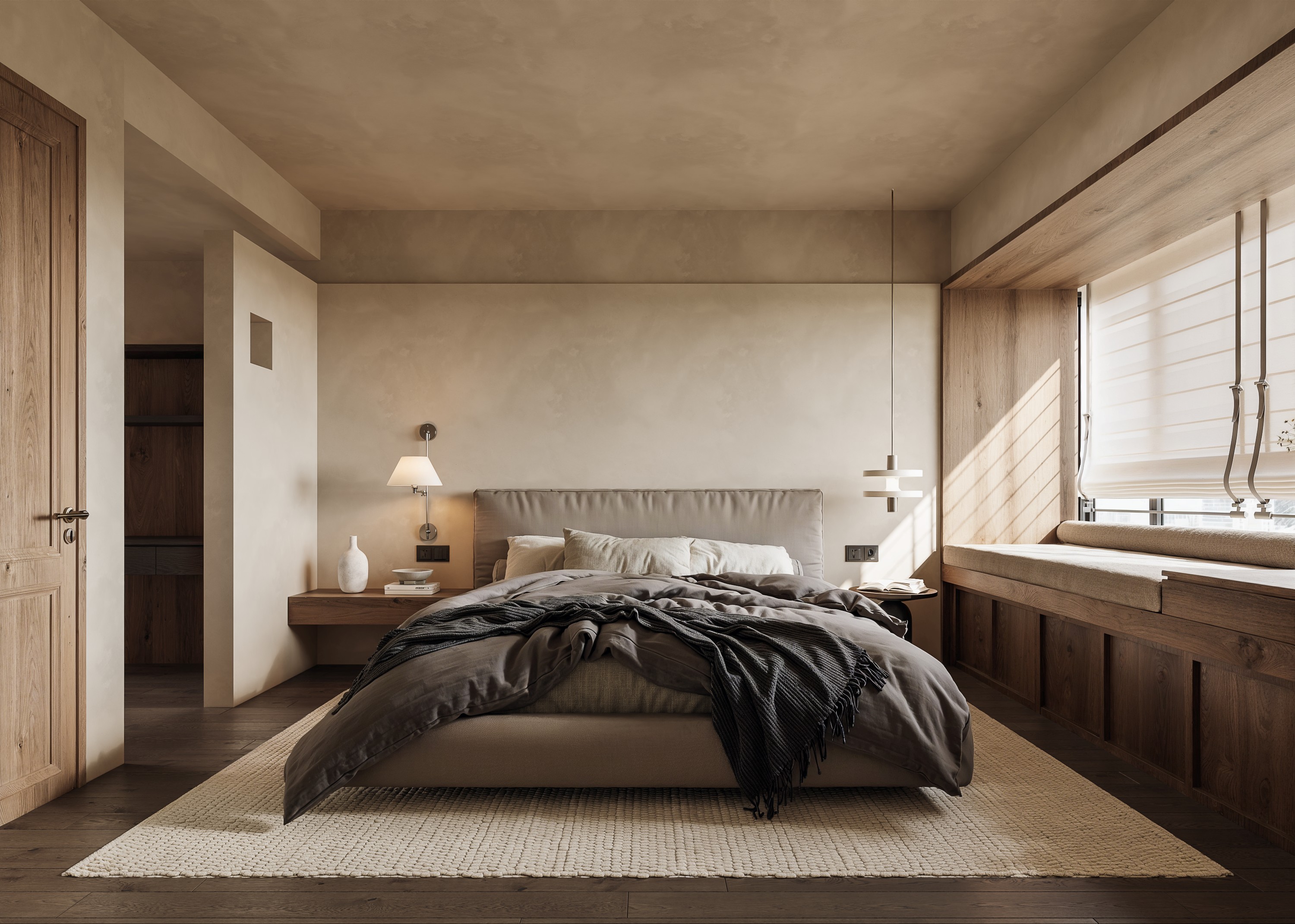Primary bedroom with warm timber joinery