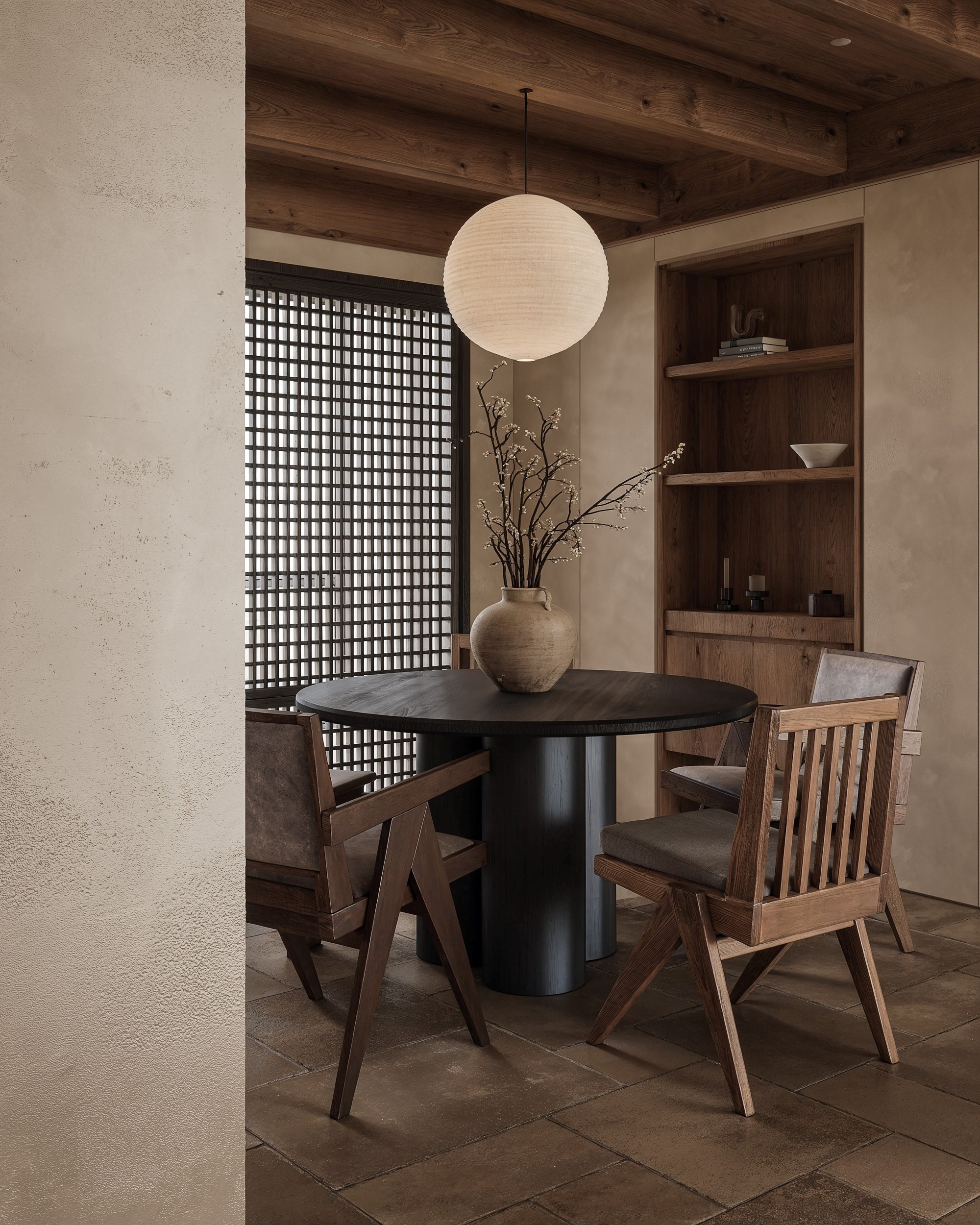 Intimate dining detail with timber screen