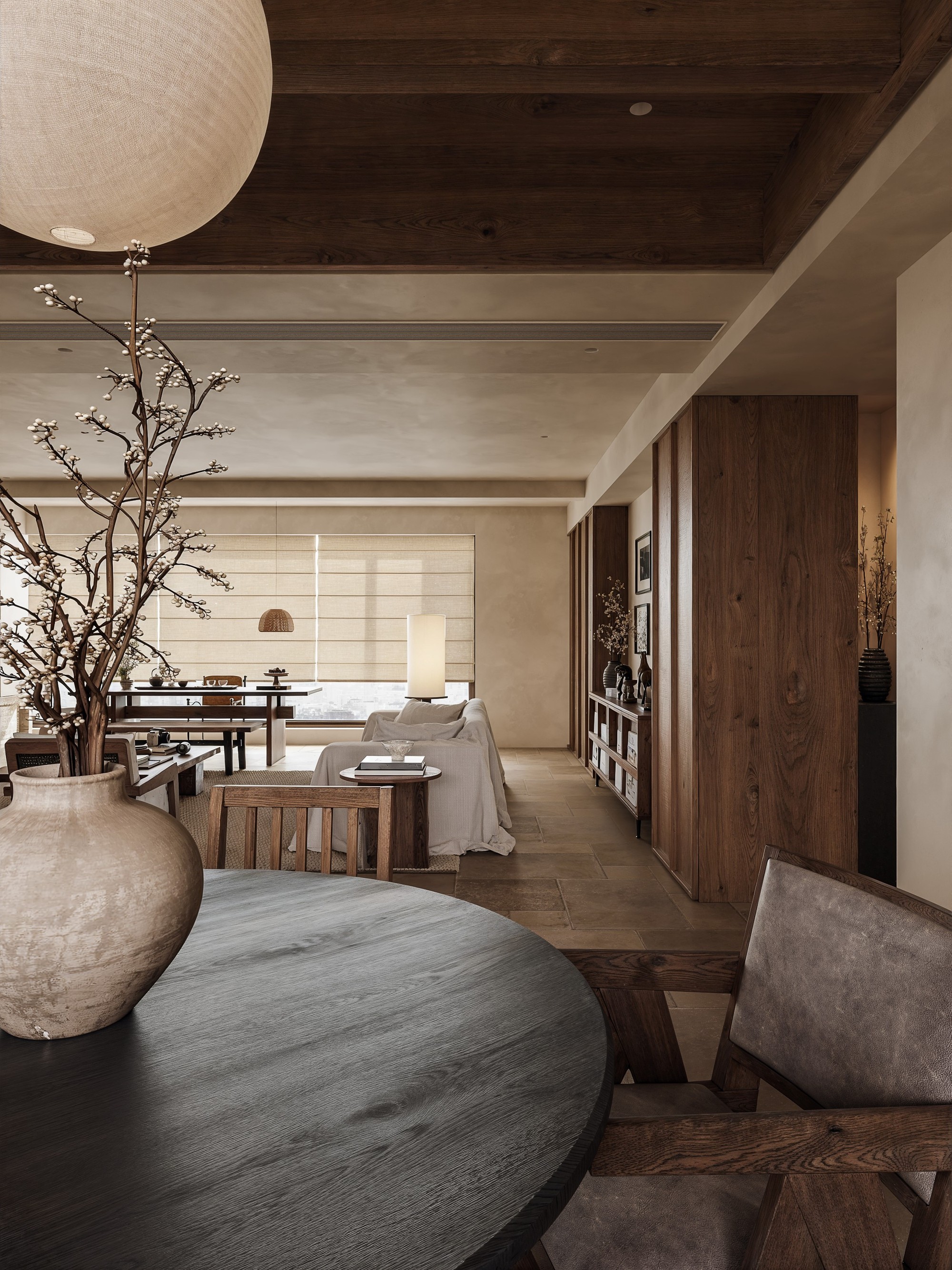 Layered view through living and dining spaces