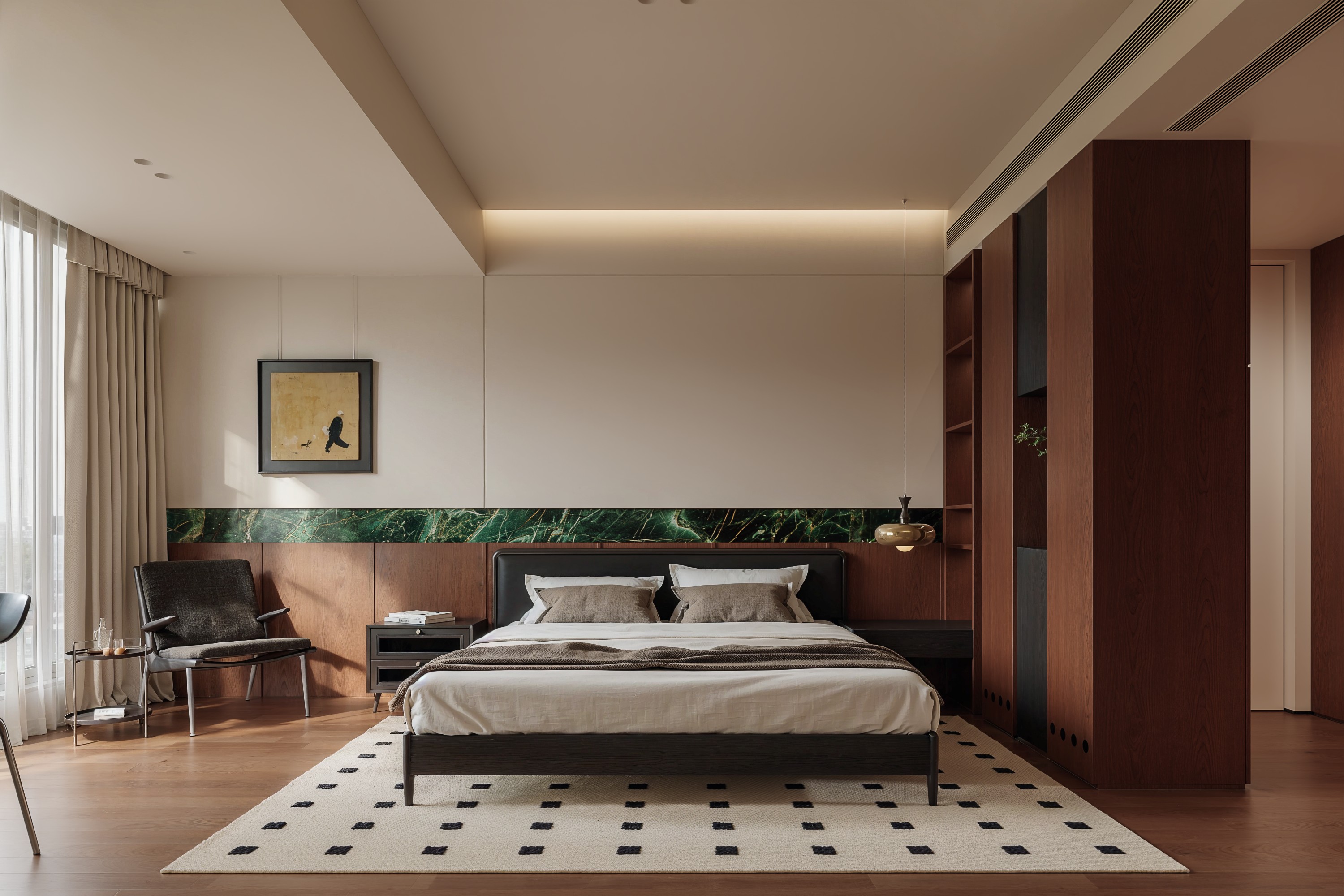 Primary bedroom in warm timber and neutral stone tones