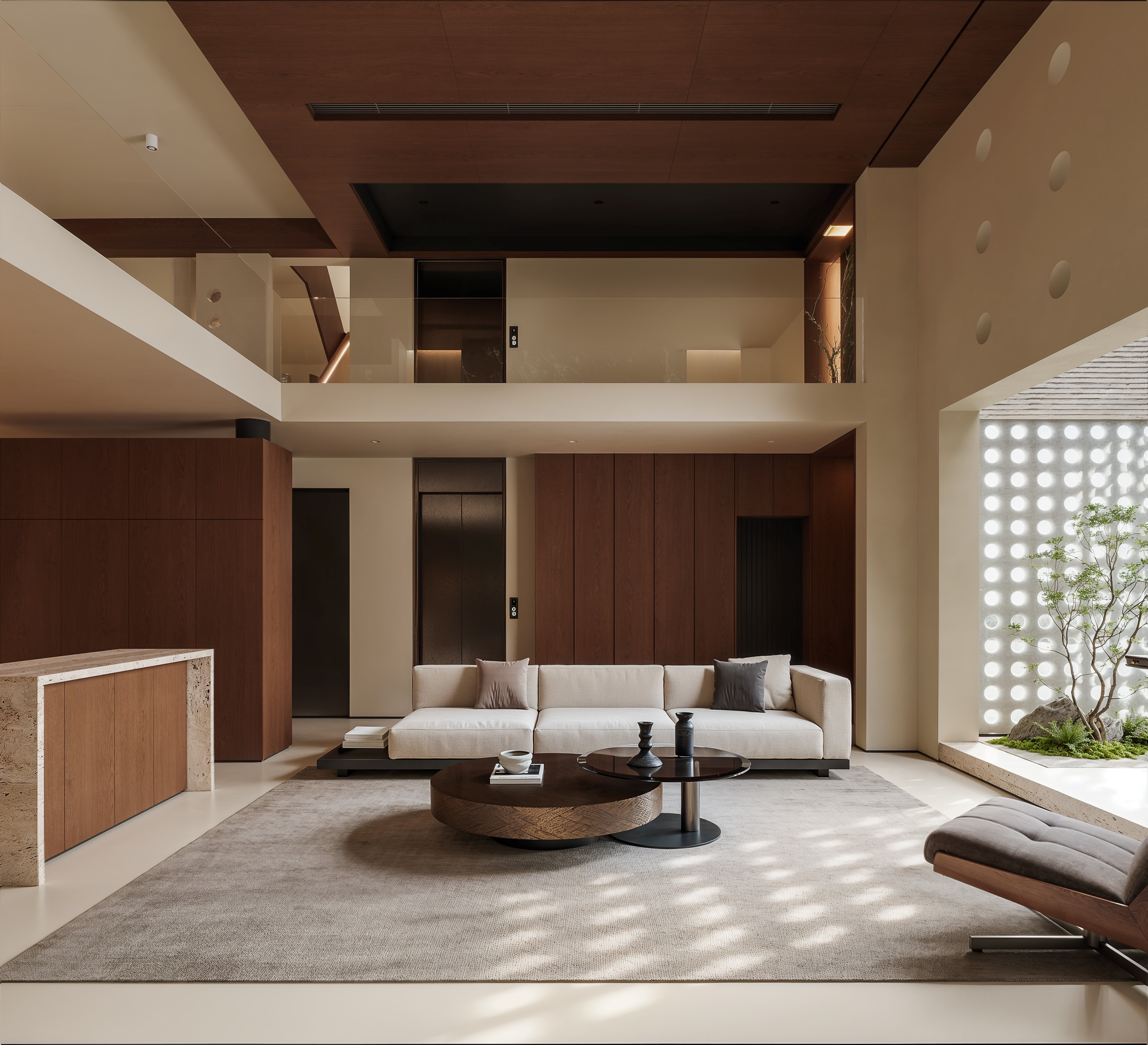 Double-height lower-level living space